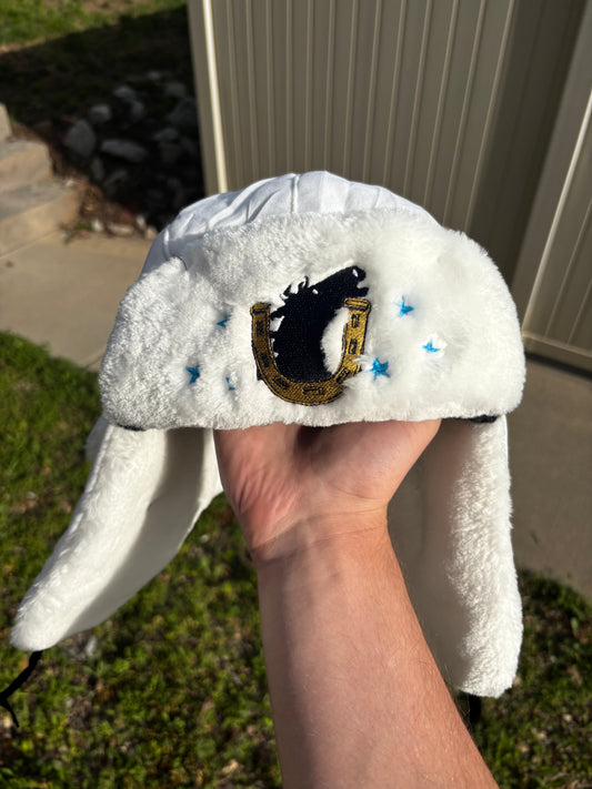 Johnny Joestar White Embroidered Faux Fur Ushanka