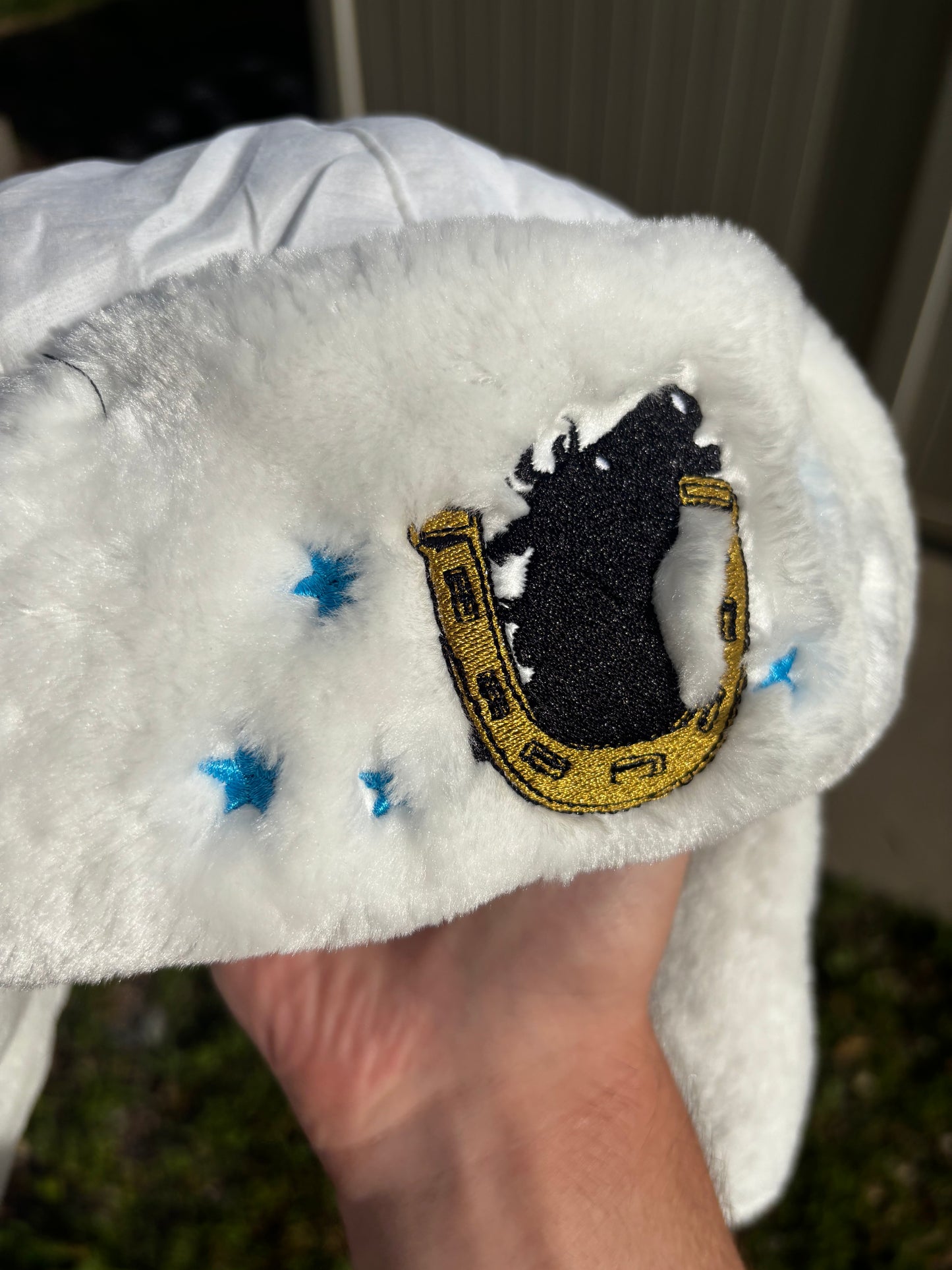 Johnny Joestar White Embroidered Faux Fur Ushanka