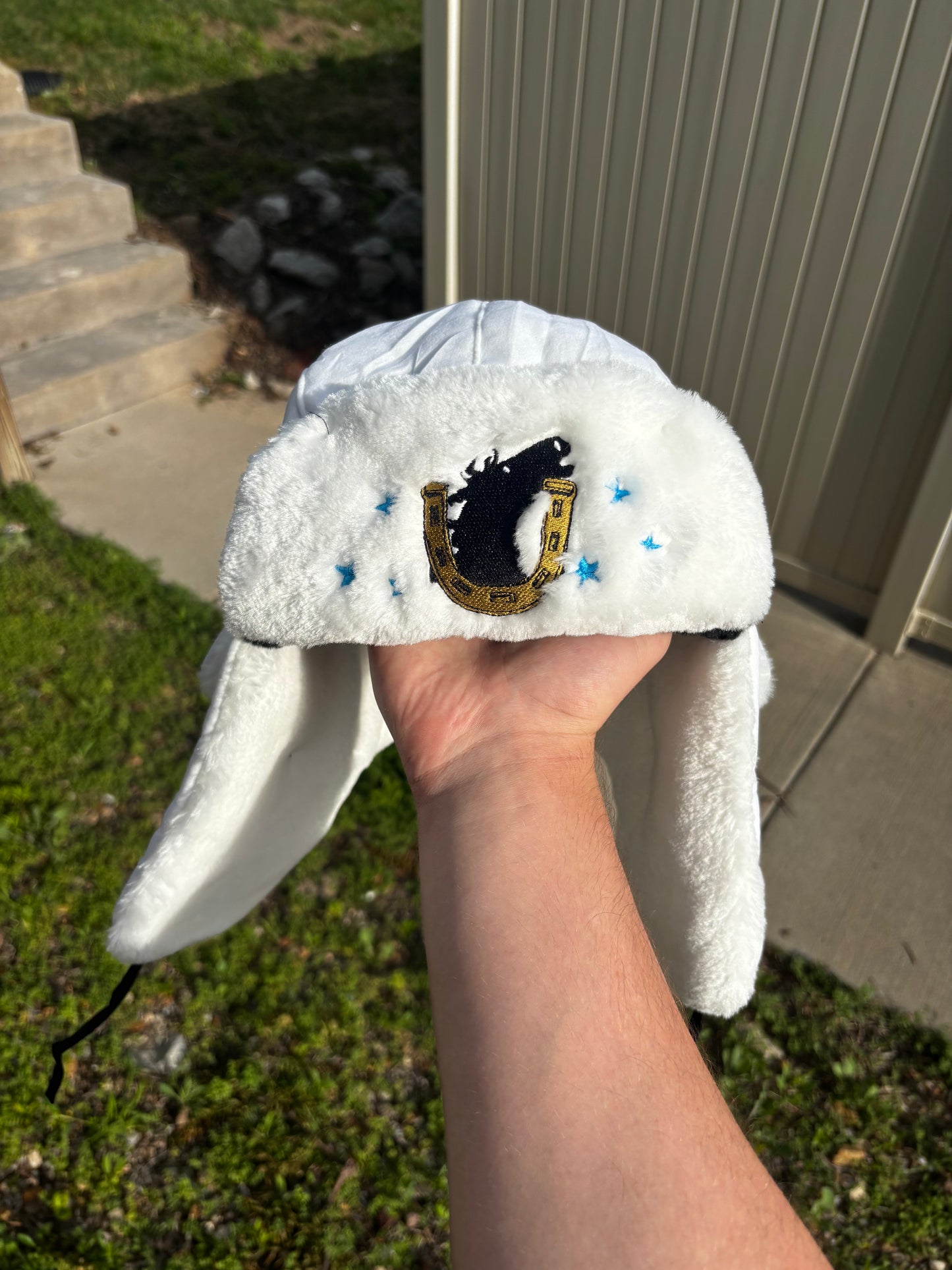 Johnny Joestar White Embroidered Faux Fur Ushanka